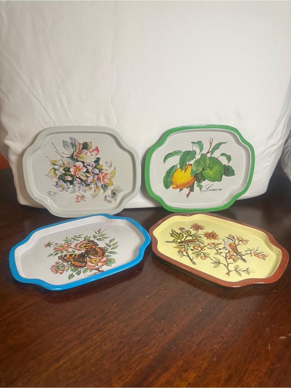 4- Vintage Metal Tin Snack Trinket Trays Lemon Flowers Butterfly Finches Retro
